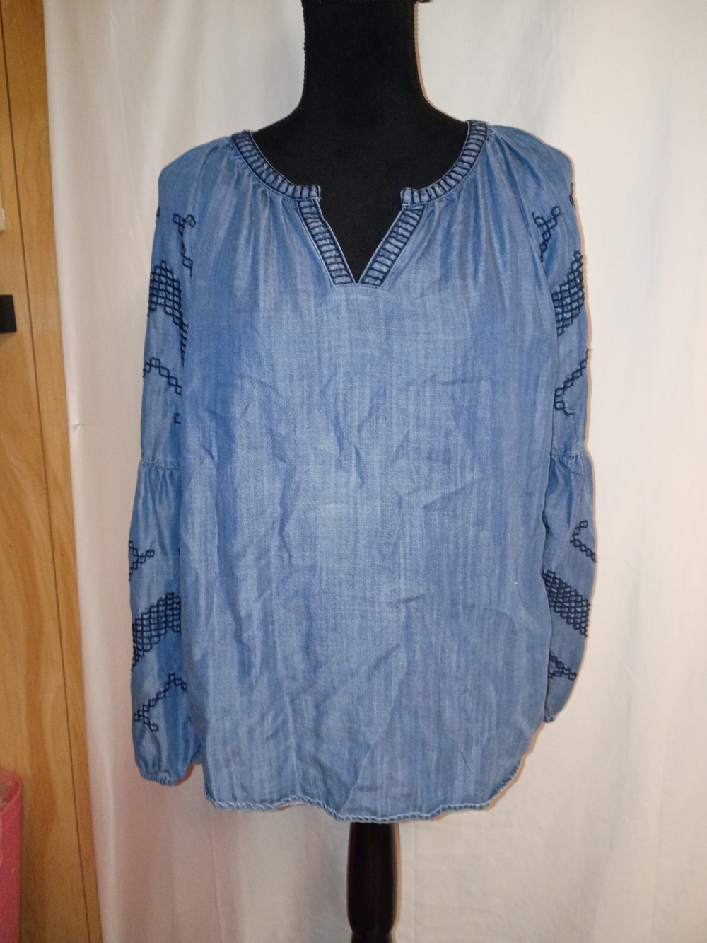 crown & ivy Light Blue Chambray Peasant Blouse with Navy Embroidery